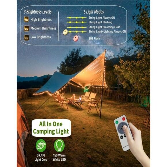 Solar camping string lights waterproof rechargeable tent lantern outdoor decor - Picture 4 of 7